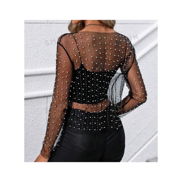 NWOT sheer pearl detail long sleeve, slightly cropped - Picture 3 of 6